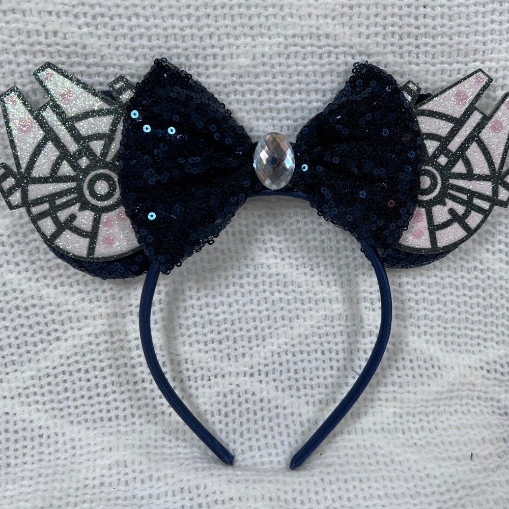 Millennium Falcon Sequin Bow Ears Headband Navy Blue Glitter Star Wars Excellent